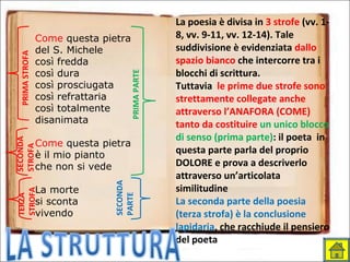 Come questa pietra
del S. Michele
così fredda
così dura
così prosciugata
così refrattaria
così totalmente
disanimata
Come questa pietra
è il mio pianto
che non si vede
La morte
si sconta
vivendo
La poesia è divisa in 3 strofe (vv. 1-
8, vv. 9-11, vv. 12-14). Tale
suddivisione è evidenziata dallo
spazio bianco che intercorre tra i
blocchi di scrittura.
Tuttavia le prime due strofe sono
strettamente collegate anche
attraverso l’ANAFORA (COME)
tanto da costituire un unico blocco
di senso (prima parte): il poeta in
questa parte parla del proprio
DOLORE e prova a descriverlo
attraverso un’articolata
similitudine
La seconda parte della poesia
(terza strofa) è la conclusione
lapidaria, che racchiude il pensiero
del poeta
PRIMASTROFA
SECONDA
STROFA
TERZA
STROFA
PRIMAPARTE
SECONDA
PARTE
 