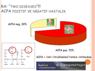 RA: “TWO DISEASES”!!!
ACPA POZITIF VE NEGATIF HASTALIK
ACPA pos. 70%
ACPA neg. 30%
ACPA = Anti-Citrullinated Protein Antibodies
An EU Integrated Project
 