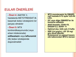 EULAR ÖNERİLERİ
 Öneri 4: Aktif RA’lı
hastalarda METOTREKSAT ilk
basamak tedavi stratejisinin bir
parçası olmalıdır
 Öneri 5: MTX
kontrendikasyonunda (veya
erken intoleransda)
sülfasalazin veya leflunomid
(ilk) tedavi stratejisinde
düşünülmelidir
 MTX monoterapisi ile DMARD
naif hastada 6-12 ayda %25-50
LDA.
 GC veya diğer DMARD’lar ile
kombine edilebilir
 Aktif Hastalık: CDAI>10,
DAS28>3.2, SDAI> 11
 Optimal doz, folik asit, 8 hafta
 SSP (3-4 g/gün), LEF 20 mg/
gün klinik etkinlik,
fonksiyonel ve yapısal hasara
etki bakımından MTX’e benzer
 