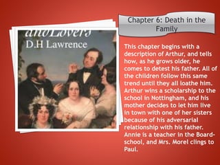 This chapter begins with a
description of Arthur, and tells
how, as he grows older, he
comes to detest his father. All of
the children follow this same
trend until they all loathe him.
Arthur wins a scholarship to the
school in Nottingham, and his
mother decides to let him live
in town with one of her sisters
because of his adversarial
relationship with his father.
Annie is a teacher in the Board-
school, and Mrs. Morel clings to
Paul.
Chapter 6: Death in the
Family
 