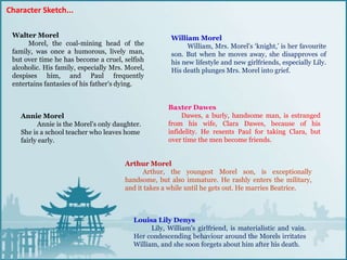 William Morel
William, Mrs. Morel's ‘knight,’ is her favourite
son. But when he moves away, she disapproves of
his new lifestyle and new girlfriends, especially Lily.
His death plunges Mrs. Morel into grief.
Baxter Dawes
Dawes, a burly, handsome man, is estranged
from his wife, Clara Dawes, because of his
infidelity. He resents Paul for taking Clara, but
over time the men become friends.
Annie Morel
Annie is the Morel's only daughter.
She is a school teacher who leaves home
fairly early.
Arthur Morel
Arthur, the youngest Morel son, is exceptionally
handsome, but also immature. He rashly enters the military,
and it takes a while until he gets out. He marries Beatrice.
Louisa Lily Denys
Lily, William's girlfriend, is materialistic and vain.
Her condescending behaviour around the Morels irritates
William, and she soon forgets about him after his death.
Character Sketch...
Walter Morel
Morel, the coal-mining head of the
family, was once a humorous, lively man,
but over time he has become a cruel, selfish
alcoholic. His family, especially Mrs. Morel,
despises him, and Paul frequently
entertains fantasies of his father's dying.
 