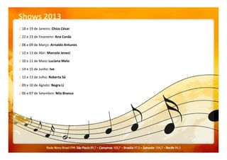 Shows 2013
♪ 18 e 19 de Janeiro: Chico César
♪ 22 e 23 de Fevereiro: Ana Canãs
♪ 08 e 09 de Março: Arnaldo Antunes
♪ 12 e 13 de Abri: Marcelo Jeneci
♪ 10 e 11 de Maio: Luciana Melo
♪ 14 e 15 de Junho: Ive
♪ 12 e 13 de Julho: Roberta Sá
♪ 09 e 10 de Agosto: Negra Li
♪ 06 e 07 de Setembro: Nila Branco
 