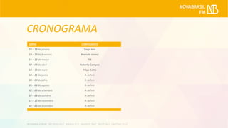 DATAS CONVIDADOS
22 e 23 de janeiro Tiago Iorc
19 e 20 de fevereiro Marcelo Jeneci
11 e 12 de março Tiê
08 e 09 de abril Roberta Campos
13 e 14 de maio Filipe Catto
10 e 11 de junho A definir
08 e 09 de julho A definir
05 e 06 de agosto A definir
02 e 03 de setembro A definir
07 e 08 de outubro A definir
11 e 12 de novembro A definir
02 e 03 de dezembro A definir
CRONOGRAMA
 