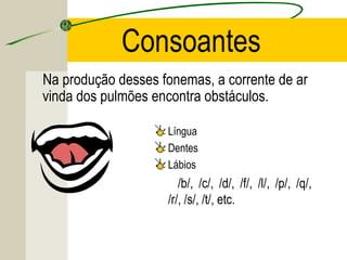 Consoantes
Na produção desses fonemas, a corrente de ar
vinda dos pulmões encontra obstáculos.
Língua
Dentes
Lábios
/b/, /c/, /d/, /f/, /l/, /p/, /q/,
/r/, /s/, /t/, etc.
 