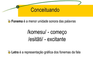 Conceituando  Fonema  é a menor unidade sonora das palavras  /komesu/ - começo  /esitãti/ - excitante  Letra  é a representação gráfica dos fonemas da fala  