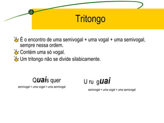 Tritongo É o encontro de uma semivogal + uma vogal + uma semivogal, sempre nessa ordem. Contém uma só vogal. Um tritongo não se divide silabicamente. Q uai s quer semivogal + uma vogal + uma semivogal U ru  g uai semivogal + uma vogal + uma semivogal 