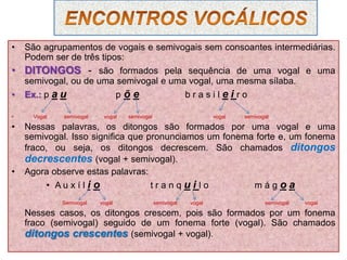 • São agrupamentos de vogais e semivogais sem consoantes intermediárias.
Podem ser de três tipos:
• DITONGOS - são formados pela sequência de uma vogal e uma
semivogal, ou de uma semivogal e uma vogal, uma mesma sílaba.
• Ex.: p a u p õ e b r a s i l e i r o
• Vogal semivogal vogal semivogal vogal semivogal
• Nessas palavras, os ditongos são formados por uma vogal e uma
semivogal. Isso significa que pronunciamos um fonema forte e, um fonema
fraco, ou seja, os ditongos decrescem. São chamados ditongos
decrescentes (vogal + semivogal).
• Agora observe estas palavras:
• A u x í l i o t r a n q u i l o m á g o a
Semivogal vogal semivogal vogal semivogal vogal
Nesses casos, os ditongos crescem, pois são formados por um fonema
fraco (semivogal) seguido de um fonema forte (vogal). São chamados
ditongos crescentes (semivogal + vogal).
 
