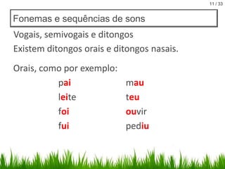 11 / 33

Fonemas e sequências de sons

Vogais, semivogais e ditongos
Existem ditongos orais e ditongos nasais.
Orais, como por exemplo:
pai
leite
foi
fui

mau
teu
ouvir
pediu

 