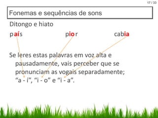 17 / 33

Fonemas e sequências de sons

Ditongo e hiato
p aí s

pio r

cabia

Se leres estas palavras em voz alta e
pausadamente, vais perceber que se
pronunciam as vogais separadamente;
“a - í”, “i - o” e “i - a”.

 