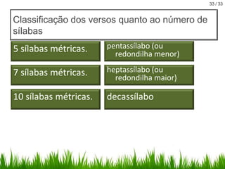 33 / 33

Classificação dos versos quanto ao número de
sílabas

5 sílabas métricas.

pentassílabo (ou
redondilha menor)

7 sílabas métricas.

heptassílabo (ou
redondilha maior)

10 sílabas métricas.

decassílabo

 