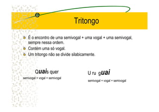 Tritongo
É o encontro de uma semivogal + uma vogal + uma semivogal,
sempre nessa ordem.
Contém uma só vogal.
Um tritongo não se divide silabicamente.Um tritongo não se divide silabicamente.
Quais quer
semivogal + vogal + semivogal
U ru guai
semivogal + vogal + semivogal
 