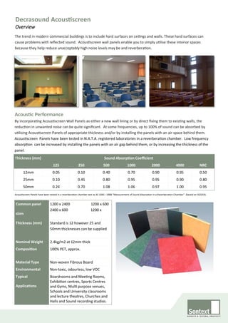 Decrasound Acoustiscreen
Overview
Acoustic Performance
Thickness (mm) Sound Absorption Coefficient
125 250 500 1000 2000 4000 NRC
12mm 0.05 0.10 0.40 0.70 0.90 0.95 0.50
25mm 0.10 0.45 0.80 0.95 0.95 0.90 0.80
50mm 0.24 0.70 1.08 1.06 0.97 1.00 0.95
By incorporating Acoustiscreen Wall Panels as either a new wall lining or by direct fixing them to existing walls, the
reduction in unwanted noise can be quite significant. At some frequencies, up to 100% of sound can be absorbed by
utilising Acoustiscreen Panels of appropriate thickness and/or by installing the panels with an air space behind them.
Acoustiscreen Panels have been tested in N.A.T.A. registered laboratories in a reverberation chamber. Low frequency
absorption can be increased by installing the panels with an air gap behind them, or by increasing the thickness of the
panel.
Acoustiscreen Panels have been tested in a reverberation chamber test to AS 1045 –1988 “Measurement of Sound Absorption in a Reverberation Chamber” (based on ISO354).
Common panel
sizes
1200 x 2400 1200 x 600
2400 x 600 1200 x
Thickness (mm) Standard is 12 however 25 and
50mm thicknesses can be supplied
Nominal Weight 2.4kg/m2 at 12mm thick
Composition 100% PET, approx.
Material Type Non-woven Fibrous Board
Environmental Non-toxic, odourless, low VOC
Typical
Applications
Boardrooms and Meeting Rooms,
Exhibition centres, Sports Centres
and Gyms, Multi purpose venues,
Schools and University classrooms
and lecture theatres, Churches and
Halls and Sound recording studios.
The trend in modern commercial buildings is to include hard surfaces on ceilings and walls. These hard surfaces can
cause problems with reflected sound. Acoustiscreen wall panels enable you to simply utilise these interior spaces
because they help reduce unacceptably high noise levels may be and reverberation.
 