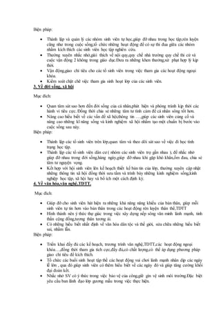 Biện pháp:
 Thành lập và quản lý các nhóm sinh viên tự học,giúp đỡ nhau trong học tập,rèn luyện
cũng như trong cuộc sống,tổ chức những hoạt động để có sự thi đua giữa các nhóm
nhằm kích thích các sinh viên học tập nghiên cứu.
 Thường xuyên nhắc nhở,giải thích về nội quy,quy chế nhà trường quy chế thi cử và
cuộc vận động 2 không trong giáo dục.Đưa ra những khen thưởng,xử phạt hợp lý kịp
thời.
 Vận động,giao chỉ tiêu cho các tổ sinh viên trong việc tham gia các hoạt động ngoại
khóa.
 Kiểm soát chặt chẽ việc tham gia sinh hoạt lớp của các sinh viên.
3. Về đời sống, xã hội
Mục đích:
 Quan tâm sát sao hơn đến đời sống của cá nhân,phát hiện và phòng tránh kịp thời các
hành vi tiêu cực. Đồng thời chia sẻ những tâm tư tình cảm để cá nhân sông tốt hơn.
 Nâng cao hiểu biết về các vấn đề xã hội,thông tin …,giúp các sinh viên củng cố và
nâng cao những kĩ năng sống và kinh nghiệm xã hội nhằm tạo một chuẩn bị bước vào
cuộc sống sau này.
Biện pháp:
 Thành lập các tổ sinh viên trên lớp,quan tâm và theo dõi sát sao về việc đi học tình
trạng học tập.
 Thành lập các tổ sinh viên dân cư ( nhóm các sinh viên trọ gần nhau ), để nhắc nhở
giúp đỡ nhau trong đời sống,hàng ngày,giúp đỡ nhau khi gặp khó khăn,ốm đau, chia sẻ
tâm tư nguyện vọng.
 Kết hợp với hội sinh viên lên kế hoạch thiết kế bản tin của lớp, thường xuyên cập nhật
những thông tin xã hội đồng thời sưu tầm và trình bày những kinh nghiệm sống,kinh
nghiệp học tập, xã hội hay và bổ ích một cách định kỳ.
4. Về văn hóa,văn nghệ,TDTT.
Mục đích:
 Giúp đỡ cho sinh viên hát hiện ra những khả năng năng khiếu của bản thân, giúp mỗi
sinh viên tự tin hơn vào bản thân trong các hoạt động rèn luyện thân thể,TDTT
 Hình thành nên ý thức thự giác trong việc xây dựng nếp sông văn minh lành mạnh, tinh
thần cộng đồng,tương thân tương ái.
 Có những hiểu biết nhất định về văn hóa dân tộc và thế giới, sửa chữa những hiểu biết
sai, nhầm lẫn.
Biện pháp:
 Triển khai đầy đủ các kế hoạch, trương trình văn nghệ,TDTT,các hoạt động ngoại
khóa…,đồng thời tham gia tích cực,đầy đủ,có chất lượng,có thể áp dụng phương pháp
giao chỉ tiêu để kích thích.
 Tổ chức các buổi sinh hoạt tập thề các hoạt động vui chơi lành mạnh nhân dịp các ngày
lễ lớn , qua đó giúp sinh viên có thêm hiểu biết về các ngày đó và giúp tăng cường khối
đại đoàn kết.
 Nhắc nhở SV có ý thức trong việc bảo vệ của công,giữ gìn vệ sinh môi trường.Đặc biệt
yêu cầu ban lãnh đạo lớp gương mẫu trong việc thực hiện.
 