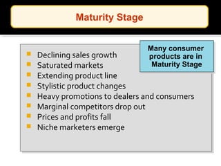  Declining sales growth
 Saturated markets
 Extending product line
 Stylistic product changes
 Heavy promotions to dealers and consumers
 Marginal competitors drop out
 Prices and profits fall
 Niche marketers emerge
Many consumer
products are in
Maturity Stage
Many consumer
products are in
Maturity Stage
Maturity Stage
 