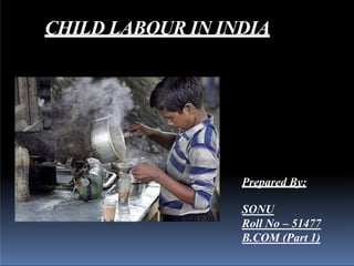 CHILD LABOUR IN INDIA
Prepared By:
SONU
Roll No – 51477
B.COM (Part 1)
 