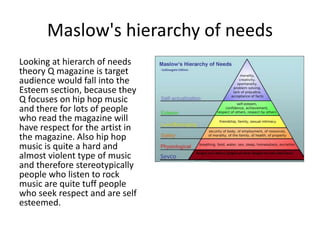 Maslow's hierarchy of needs
Looking at hierarch of needs
theory Q magazine is target
audience would fall into the
Esteem section, because they
Q focuses on hip hop music
and there for lots of people
who read the magazine will
have respect for the artist in
the magazine. Also hip hop
music is quite a hard and
almost violent type of music
and therefore stereotypically
people who listen to rock
music are quite tuff people
who seek respect and are self
esteemed.
 