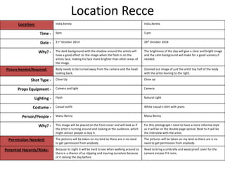 Location Recce
Location: India,Kerela India,Kerela
Time - 9pm 5 pm
Date - 21st October 2014 26th October 2014
Why? - The dark background with the shadow around the artists will
have a good effect on the image when the flash in on the
artists face, making his face more brighter than other areas of
the image.
The brightness of the day will give a clear and bright image
and the calm background will make for a good scenery if
needed.
Picture Needed/Required: Body needs to be turned away from the camera and the head
looking back.
Zoomed out image of just the artist top half of the body
with the artist leaning to the right.
Shot Type - Close Up Close up
Props Equipment - Camera and light Camera
Lighting - Flash Natural Light
Costume - Casual outfit White casual t-shirt with jeans
Person/People - Manu Benny Manu Benny
Why? - This image will be placed on the front cover and will look as if
the artist is turning around and looking at the audience, which
might attract people to buy it.
For this photograph I need to have a more informal style
as it will be on the double page spread. Next to it will be
the interview with the artist.
Permission Needed: The pictures will be taken on my land so there are is no need
to get permission from anybody.
The pictures will be taken on my land so there are is no
need to get permission from anybody.
Potential Hazards/Risks: Because its night it will be hard to see when walking around so
there is a chance of us slipping and injuring ourselves because
of it raining the day before.
Need to bring a umbrella and waterproof cover for the
camera encase if it rains.
 