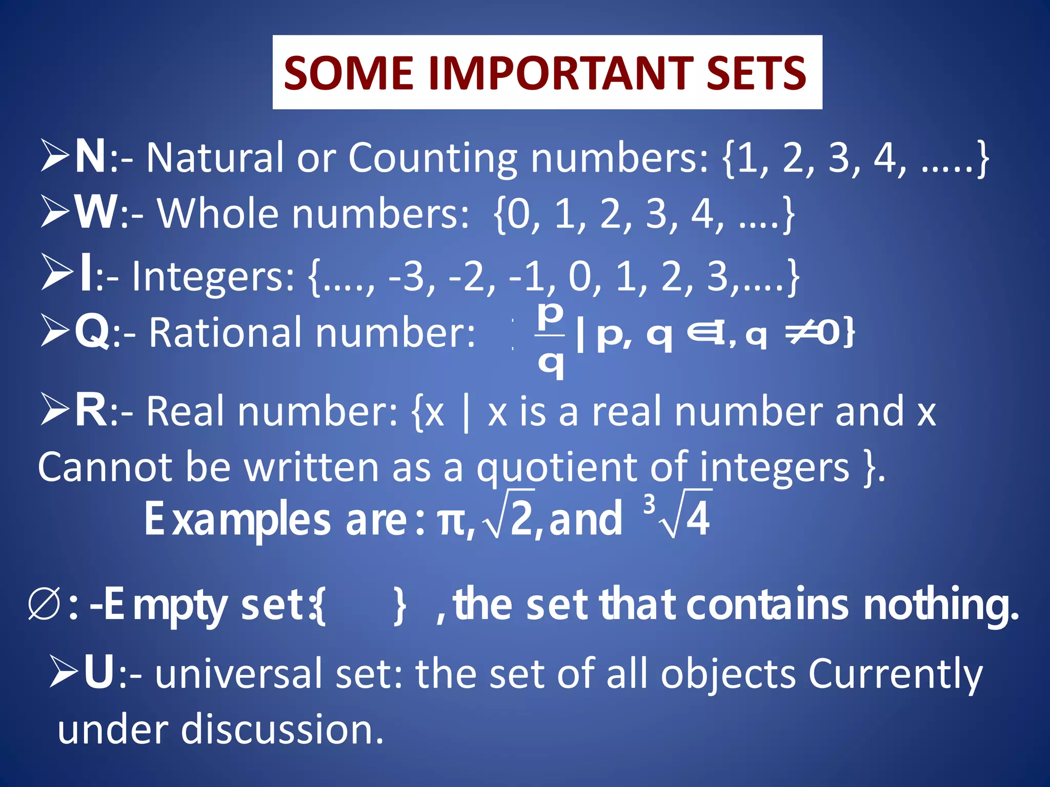 SOME IMPORTANT SETS
N:- Natural or Counting numbers: {1, 2, 3, 4, …..}
W:- Whole numbers: {0, 1, 2, 3, 4, ….}
I:- Integers: {…., -3, -2, -1, 0, 1, 2, 3,….}
Q:- Rational number:
p
{ | p, q∈
I, q ≠
0}
q
R:- Real number: {x | x is a real number and x
Cannot be written as a quotient of integers }.
3
Examples are : π, 2,and 4
: -Empty set:{ } ,the set that contains nothing.
U:- universal set: the set of all objects Currently
under discussion.
 