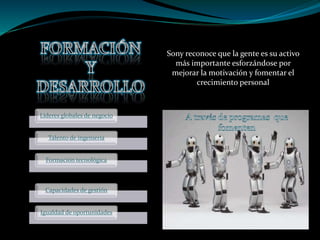 Sony reconoce que la gente es su activo
más importante esforzándose por
mejorar la motivación y fomentar el
crecimiento personal
Líderes globales de negocio
Talento de ingeniería
Formación tecnológica
Capacidades de gestión
Igualdad de oportunidades
 