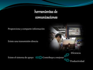 Proporciona y comparte información
Existe una transmisión directa
Existe el sistema de apoyo Contribuye a mejorar
Eficiencia
Productividad
 