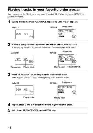 Playing tracks in your favorite order                                     (PGM play)

You can program the CD player to play up to 32 tracks (“files” when playing an MP3 CD) in
your favorite order.

1    During playback, press PLAY MODE repeatedly until “PGM” appears.

     Audio CD                                      MP3 CD        Folder name




2    Push the 3-way control key toward N/> or . to select a track.
     When playing an MP3 CD, you can also select a folder using FOLDER + or –.

                                                                Folder name
     Audio CD                                     MP3 CD




    Track number   Playing order                       Playing order   File name scrolls.



3    Press REPEAT/ENTER quickly to enter the selected track.
     “000” appears (audio CD only) and the playing order increases by one.

     Audio CD                                     MP3 CD        Folder name




                   Playing order                       Playing order


4    Repeat steps 2 and 3 to select the tracks in your favorite order.


5    Hold down REPEAT/ENTER to start PGM play.




14
 