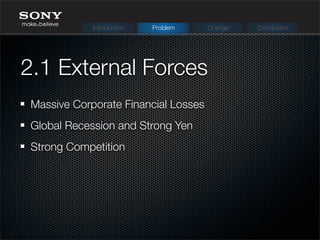 2.1 External Forces
Massive Corporate Financial Losses
Global Recession and Strong Yen
Strong Competition
Introduction Problem Change Conclusion
 