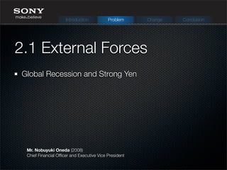 Global Recession and Strong Yen
2.1 External Forces
Mr. Nobuyuki Oneda (2008)
Chief Financial Ofﬁcer and Executive Vice President
Introduction Problem Change Conclusion
 