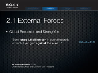 Global Recession and Strong Yen
2.1 External Forces
Mr. Nobuyuki Oneda (2008)
Chief Financial Ofﬁcer and Executive Vice President
“Sony loses 7.5 billion yen in operating proﬁt
for each 1 yen gain against the euro…”
Introduction Problem Change Conclusion
706 million EUR
 
