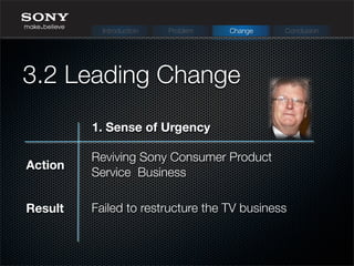 1. Sense of Urgency
Reviving Sony Consumer Product
Service Business
Failed to restructure the TV business
Action
Result
3.2 Leading Change
Introduction Problem Change Conclusion
 