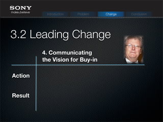 Action
Result
3.2 Leading Change
Introduction Problem Change Conclusion
4. Communicating
the Vision for Buy-in
 
