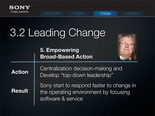 Centralization decision-making and
Develop “top-down leadership”
Sony start to respond faster to change in
the operating environment by focusing
software & service
Action
Result
3.2 Leading Change
Introduction Problem Change Conclusion
5. Empowering
Broad-Based Action
 