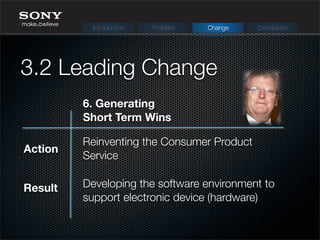 Reinventing the Consumer Product
Service
Developing the software environment to
support electronic device (hardware)
Action
Result
3.2 Leading Change
Introduction Problem Change Conclusion
6. Generating
Short Term Wins
 