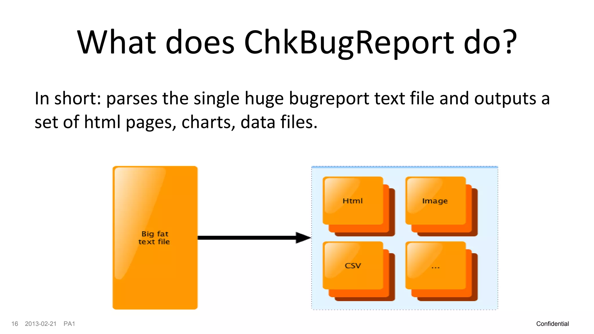 What does ChkBugReport do?
       In short: parses the single huge bugreport text file and outputs a
       set of html pages, charts, data files.




16   2013-02-21   PA1                                                  Confidential
 