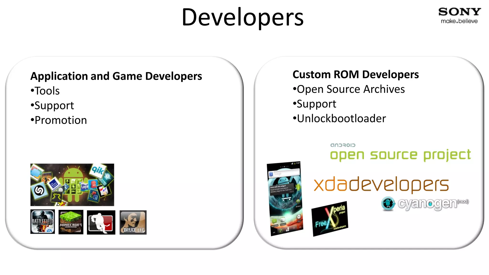 Developers

       Application and Game Developers     Custom ROM Developers
       •Tools                              •Open Source Archives
       •Support                            •Support
       •Promotion                          •Unlockbootloader




3   2013-02-21   PA1                                               Confidential
 