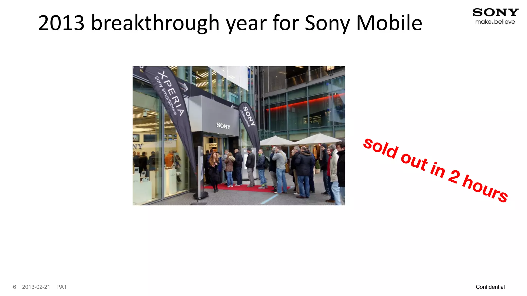 2013 breakthrough year for Sony Mobile




6   2013-02-21   PA1                              Confidential
 