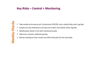 Take sample and measure pH, Conductivity, FOS/TAC ratio, volatile fatty acids, log data
Sample any new feedstocks and check dry matter and volatile solids, log data
Weekly plant checks in line with maintenance plan.
Add micro nutrients, defined quantity.
Review meeting to cover results and refine feed plan for the next week.
Key Risks – Control + Monitoring
WeeklyChecks
 