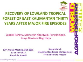 RECOVERY OF LOWLAND TROPICAL
FOREST OF EAST KALIMANTAN THIRTY
YEARS AFTER MAJOR FIRE EPISODES
Subekti Rahayu, Meine van Noordwijk, Purwaningsih,
Sonya Dewi and Degi Harja
52nd Annual Meeting ATBC 2015
12-16 July 2015
Honolulu, Hawaii
Symposium 2
Integrated Landscape Management:
From Theory to Practice
 