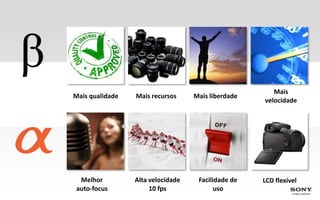 Mais
Mais qualidade   Mais recursos     Mais liberdade
                                                    velocidade




 Melhor          Alta velocidade    Facilidade de   LCD flexível
auto-focus            10 fps              uso
 