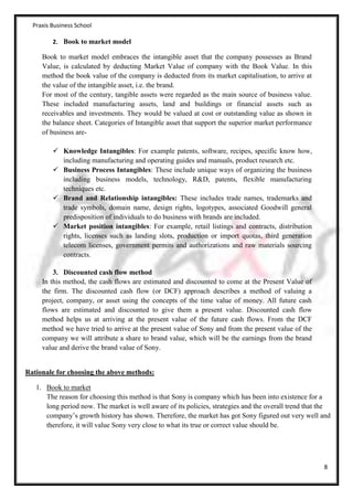 Praxis Business School

         2. Book to market model

     Book to market model embraces the intangible asset that the company possesses as Brand
     Value, is calculated by deducting Market Value of company with the Book Value. In this
     method the book value of the company is deducted from its market capitalisation, to arrive at
     the value of the intangible asset, i.e. the brand.
     For most of the century, tangible assets were regarded as the main source of business value.
     These included manufacturing assets, land and buildings or financial assets such as
     receivables and investments. They would be valued at cost or outstanding value as shown in
     the balance sheet. Categories of Intangible asset that support the superior market performance
     of business are-

          Knowledge Intangibles: For example patents, software, recipes, specific know how,
           including manufacturing and operating guides and manuals, product research etc.
          Business Process Intangibles: These include unique ways of organizing the business
           including business models, technology, R&D, patents, flexible manufacturing
           techniques etc.
          Brand and Relationship intangibles: These includes trade names, trademarks and
           trade symbols, domain name, design rights, logotypes, associated Goodwill general
           predisposition of individuals to do business with brands are included.
          Market position intangibles: For example, retail listings and contracts, distribution
           rights, licenses such as landing slots, production or import quotas, third generation
           telecom licenses, government permits and authorizations and raw materials sourcing
           contracts.

         3. Discounted cash flow method
     In this method, the cash flows are estimated and discounted to come at the Present Value of
     the firm. The discounted cash flow (or DCF) approach describes a method of valuing a
     project, company, or asset using the concepts of the time value of money. All future cash
     flows are estimated and discounted to give them a present value. Discounted cash flow
     method helps us at arriving at the present value of the future cash flows. From the DCF
     method we have tried to arrive at the present value of Sony and from the present value of the
     company we will attribute a share to brand value, which will be the earnings from the brand
     value and derive the brand value of Sony.


Rationale for choosing the above methods:

   1. Book to market
      The reason for choosing this method is that Sony is company which has been into existence for a
      long period now. The market is well aware of its policies, strategies and the overall trend that the
      company’s growth history has shown. Therefore, the market has got Sony figured out very well and
      therefore, it will value Sony very close to what its true or correct value should be.




                                                                                                       8
 