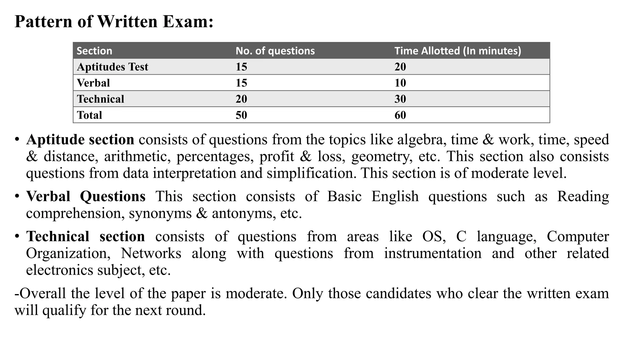 Pattern of Written Exam:
• Aptitude section consists of questions from the topics like algebra, time & work, time, speed
& distance, arithmetic, percentages, profit & loss, geometry, etc. This section also consists
questions from data interpretation and simplification. This section is of moderate level.
• Verbal Questions This section consists of Basic English questions such as Reading
comprehension, synonyms & antonyms, etc.
• Technical section consists of questions from areas like OS, C language, Computer
Organization, Networks along with questions from instrumentation and other related
electronics subject, etc.
-Overall the level of the paper is moderate. Only those candidates who clear the written exam
will qualify for the next round.
Section No. of questions Time Allotted (In minutes)
Aptitudes Test 15 20
Verbal 15 10
Technical 20 30
Total 50 60
 