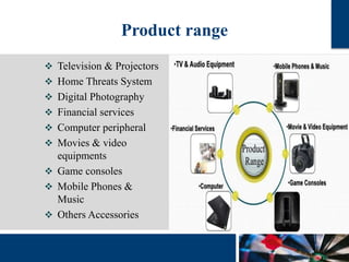 Product range 
 Television & Projectors 
 Home Threats System 
 Digital Photography 
 Financial services 
 Computer peripheral 
 Movies & video 
equipments 
 Game consoles 
 Mobile Phones & 
Music 
 Others Accessories 
 