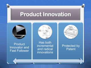 Product Innovation



                  Has both
   Product
                incremental    Protected by
Innovator and
                 and radical      Patent
Fast Follower
                innovations

                                          13
 