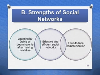B. Strengths of Social
          Networks


 Learning by
  Doing or      Effective and
                                    Face-to-face
Learning only   efficient social
                                   communication
after making       networks
  mistakes




                                                   21
 