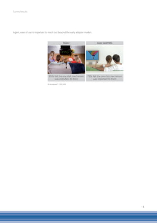 Survey Results




Again, ease of use is important to reach out beyond the early adopter market.



                                                     FAMily                     EARly ADopTERS




                                   85% felt the one click mechanism     72% felt the one click mechanism
                                       was important to them                was important to them

                                 © WorldpanelTM, TNS 2009




                                                                                                           14
 