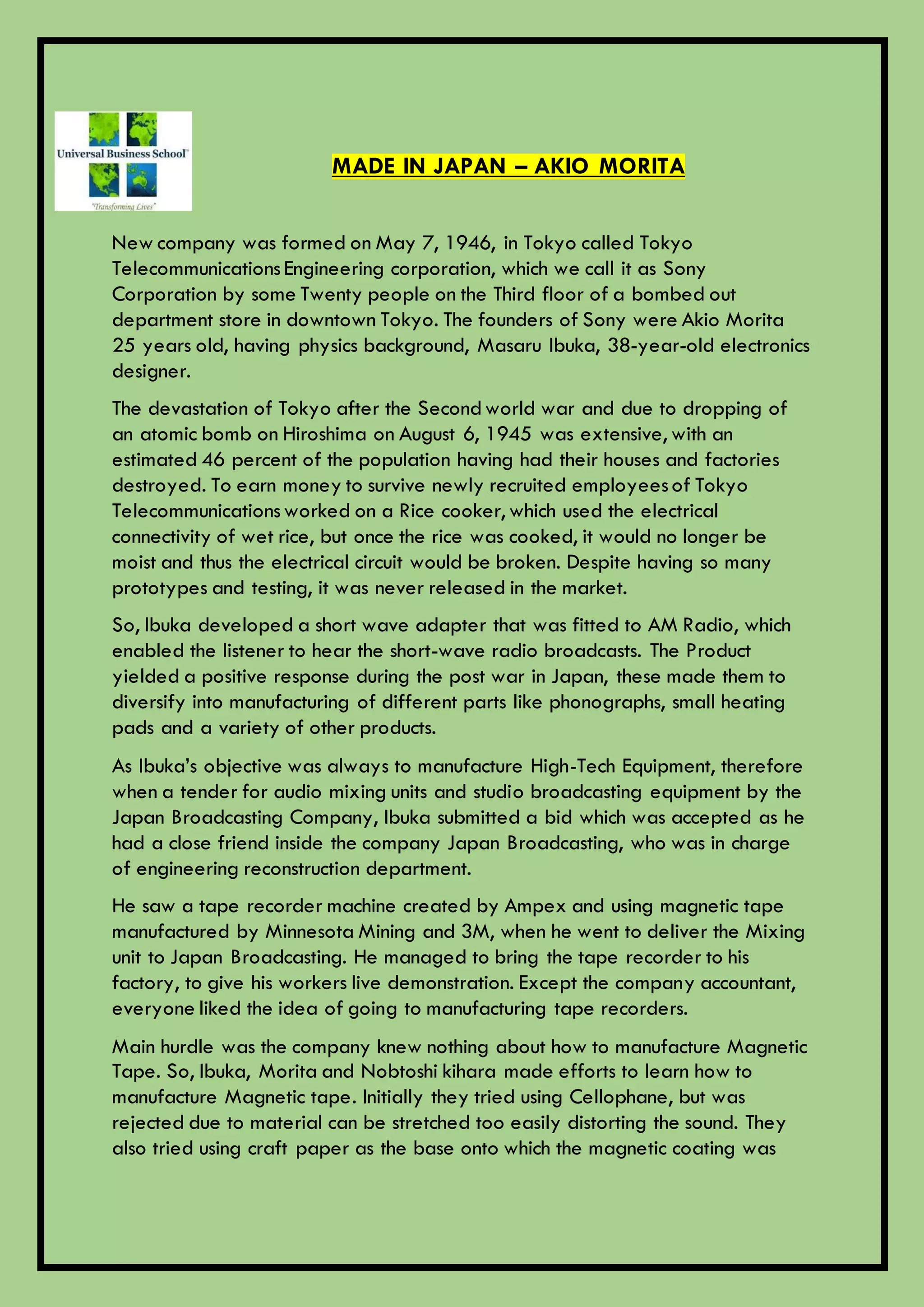 Made in Japan- Akio Morita Book summary | PDF