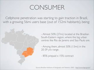 CONSUMER
 Cellphone penetration was starting to gain traction in Brazil,
with a growing 56mi users base (out of 152mi habi...