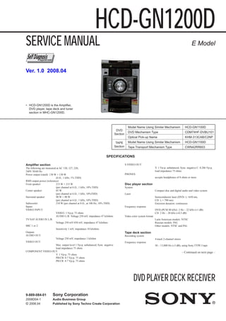 SERVICE MANUAL
Sony Corporation
Audio Business Group
Published by Sony Techno Create Corporation
SPECIFICATIONS
DVD PLAYER DECK RECEIVER
9-889-084-01
2008D04-1
© 2008.04
E Model
Ver. 1.0 2008.04
DVD
Section
Model Name Using Similar Mechanism HCD-GN1100D
DVD Mechanism Type CDM74HF-DVBU101
Optical Pick-up Name KHM-313CAB/C2NP
TAPE
Section
Model Name Using Similar Mechanism HCD-GN1100D
Tape Transport Mechanism Type CWN42RR603
• HCD-GN1200D is the Amplifier,
DVD player, tape deck and tuner
section in MHC-GN1200D.
Ampliﬁer section
The following are measured at AC 120, 127, 220,
240V 50/60 Hz
Power output (rated): 130 W + 130 W
(6 Ω , 1 kHz, 1% THD)
RMS output power (reference)
Front speaker: 215 W + 215 W
(per channel at 6 Ω , 1 kHz, 10% THD)
Center speaker: 85 W
(per channel at 6 Ω , 1 kHz, 10%THD)
Surround speaker: 90 W + 90 W
(per channel at 6 Ω , 1 kHz, 10% THD)
Subwoofer: 210 W (per channel at 8 Ω , at 100 Hz, 10% THD)
Inputs
VIDEO INPUT:
VIDEO: 1 Vp-p, 75 ohms
AUDIO L/R: Voltage 250 mV, impedance 47 kilohms
TV/SAT AUDIO IN L/R:
Voltage 250 mV/450 mV, impedance 47 kilohms
MIC 1 or 2:
Sensitivity 1 mV, impedance 10 kilohms
Outputs
AUDIO OUT:
Voltage 250 mV, impedance 1 kilohm
VIDEO OUT:
Max. output level 1 Vp-p, unbalanced, Sync. negative
load impedance 75 ohms
COMPONENT VIDEO OUT:
Y: 1 Vp-p, 75 ohms
PB/CB: 0.7 Vp-p, 75 ohms
PR/CR: 0.7 Vp-p, 75 ohms
S VIDEO OUT:
Y: 1 Vp-p, unbalanced, Sync. negative C: 0.286 Vp-p,
load impedance 75 ohms
PHONES:
accepts headphones of 8 ohms or more
Disc player section
System
Compact disc and digital audio and video system
Laser
Semiconductor laser (DVD: λ =650 nm,
CD: λ = 790 nm)
Emission duration: continuous
Frequency response
DVD (PCM 48 kHz): 2 Hz – 22 kHz (±1 dB)
CD: 2 Hz – 20 kHz (±0.5 dB)
Video color system format
Latin American models: NTSC
Russian models: PAL
Other models: NTSC and PAL
Tape deck section
Recording system
4-track 2-channel stereo
Frequency response
50 – 13,000 Hz (±3 dB), using Sony TYPE I tape
HCD-GN1200D
– Continued on next page –
 