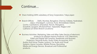 Continue…
 Share Holding:100% subsidiary of Sony Corporation, Tokyo,Japan
 Branch Offices: Delhi, Mumbai, Bangalore, Chennai, Kolkata, Hyderabad,
Jaipur, Chandigarh, Lucknow, Pune, Ahmedabad, Indore,
Cochin, Coimbatore, Ghaziabad, Ranchi, Mangalore,
Guwahati, Gurgaon, Bhubansehwar, Vijaywada, Nagpur and
Ludhiana (23 Direct Branch Locations)
 Business Activities: Marketing, Sales and After-Sales Service of electronic
products & software exports Products: LCD Televisions,
Video and Digital Still Cameras, Notebooks and Business
Projectors, Personal Audio, Audio Video Accessories, Hi-fi
Audios and Home Theater systems, Car Audio and Visual
Systems, Game Consoles, Mobile Phones, Recording
Media and Energy Devices, Broadcast and Professional
products.
 