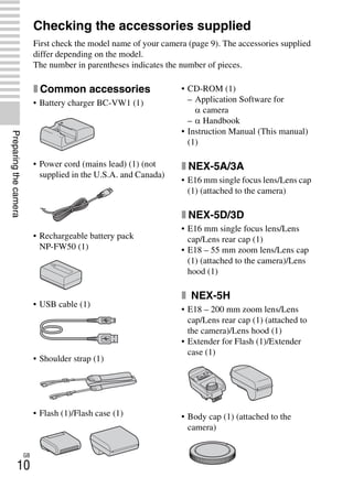 NEX-3/NEX-5
4-183-856-14(1)
F:CX75000_Paper_Revision3GB41838561414183856141NEX5U201GB-
NEX5U2030PRE.fm
master: Left_2 column
GB
10
Preparingthecamera
Preparing the camera
Checking the accessories supplied
First check the model name of your camera (page 9). The accessories supplied
differ depending on the model.
The number in parentheses indicates the number of pieces.
x Common accessories
• Battery charger BC-VW1 (1)
• Power cord (mains lead) (1) (not
supplied in the U.S.A. and Canada)
• Rechargeable battery pack
NP-FW50 (1)
• USB cable (1)
• Shoulder strap (1)
• Flash (1)/Flash case (1)
• CD-ROM (1)
– Application Software for
α camera
– α Handbook
• Instruction Manual (This manual)
(1)
x NEX-5A/3A
• E16 mm single focus lens/Lens cap
(1) (attached to the camera)
x NEX-5D/3D
• E16 mm single focus lens/Lens
cap/Lens rear cap (1)
• E18 – 55 mm zoom lens/Lens cap
(1) (attached to the camera)/Lens
hood (1)
x NEX-5H
• E18 – 200 mm zoom lens/Lens
cap/Lens rear cap (1) (attached to
the camera)/Lens hood (1)
• Extender for Flash (1)/Extender
case (1)
• Body cap (1) (attached to the
camera)
 