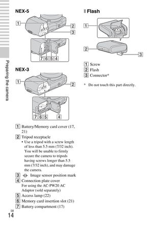 NEX-3/NEX-5
4-183-856-14(1)
F:CX75000_Paper_Revision3GB41838561414183856141NEX5U201GB-
NEX5U2030PRE.fm
master: Left_2 column
GB
14
Preparingthecamera
NEX-5
NEX-3
A Battery/Memory card cover (17,
21)
B Tripod receptacle
• Use a tripod with a screw length
of less than 5.5 mm (7/32 inch).
You will be unable to firmly
secure the camera to tripods
having screws longer than 5.5
mm (7/32 inch), and may damage
the camera.
C Image sensor position mark
D Connection plate cover
For using the AC-PW20 AC
Adaptor (sold separately)
E Access lamp (22)
F Memory card insertion slot (21)
G Battery compartment (17)
x Flash
A Screw
B Flash
C Connector*
* Do not touch this part directly.
 